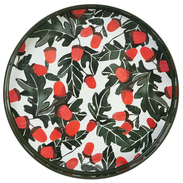Red Acorns 15" Round Tray