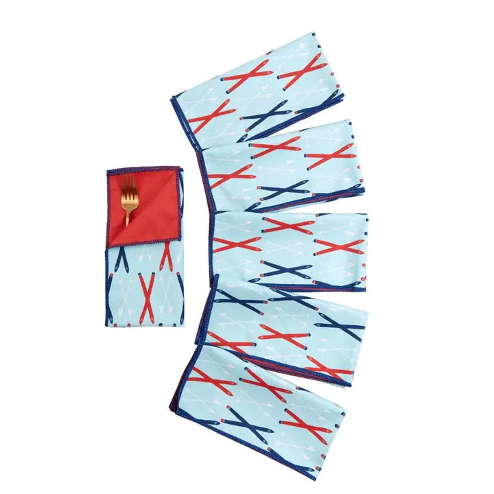 Ski Time Blu Dinner Napkins, Set Of 6