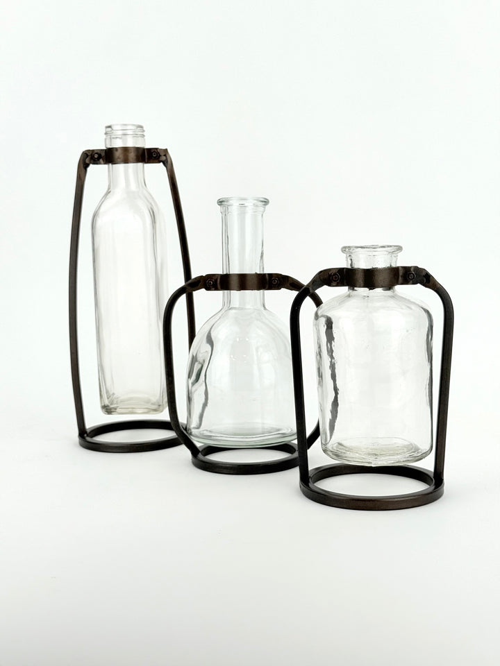 Glass Bottle Vase with Metal Stand