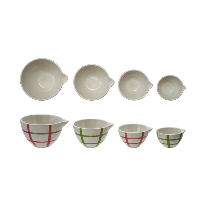Hand-Painted Red & Green Grid Pattern Stoneware Prep Bowls, Set Of 4