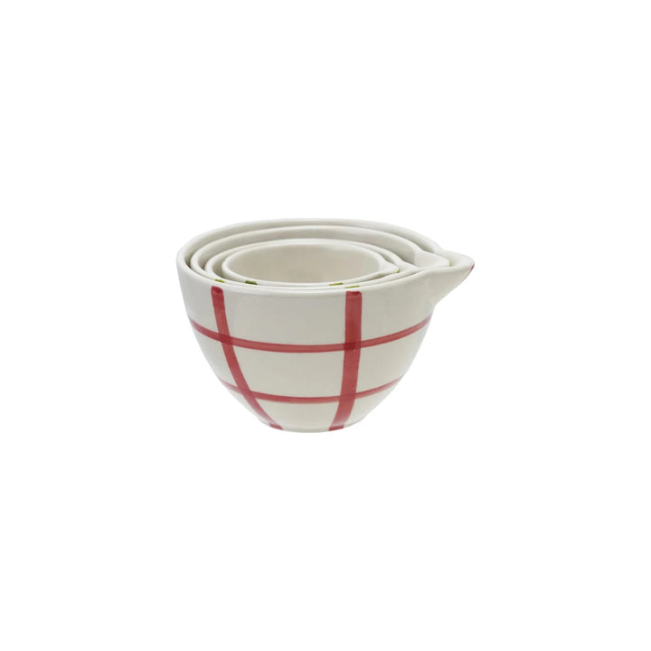Hand-Painted Red & Green Grid Pattern Stoneware Prep Bowls, Set Of 4