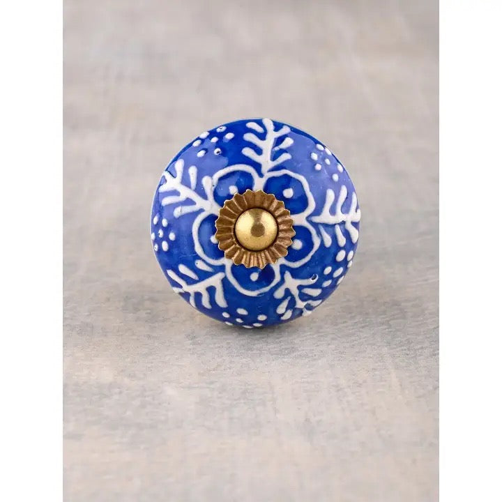 Elegant Blue & White Floral Leafy Embossed Ceramic Knob | Cabinet, Drawer