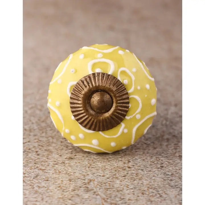 White Embossed Design With Yellow Base Knob | Cabinet, Drawer