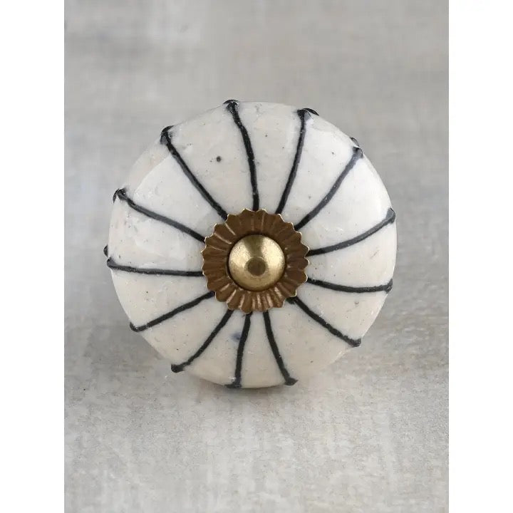 White Ceramic Knob with Black Spiral Lines | Cabinet, Drawer