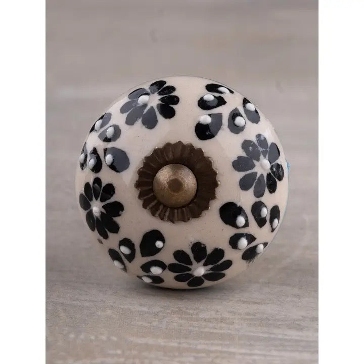 Embossed Handmade Round Black Flower Design On Off-White Knob | Dresser, Kitchen Cabinet
