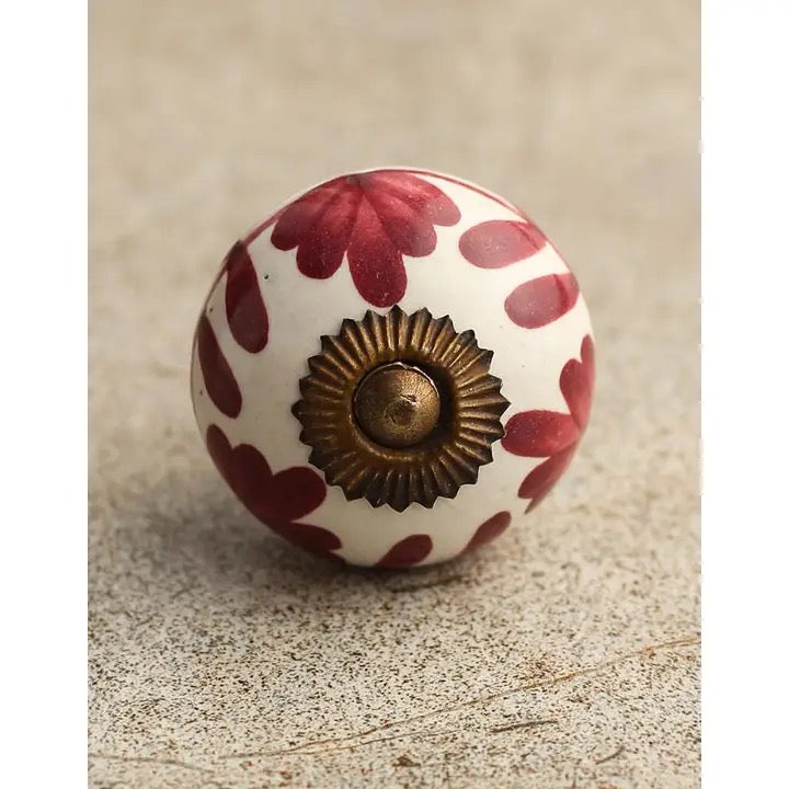Red Flowers On A White Ceramic Knob | Cabinet