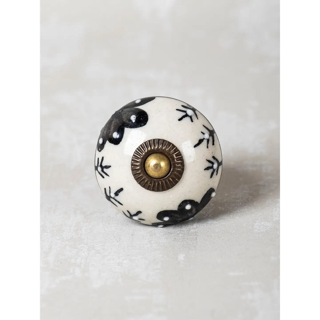 Handmade Round Embossed Black and White Design Ceramic Knob | Cabinet