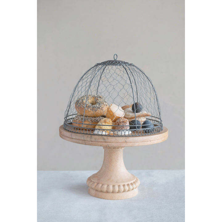 Metal Wire Cloche With Mango Wood Pedestal Base
