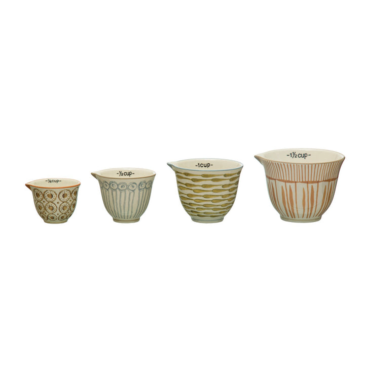 Hand-Painted Patterned Stoneware Measuring Cups, Set Of 4