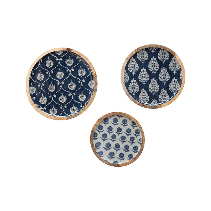 Floral Patterned Enameled Mango Wood Trays