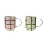 Hand-Painted Grid Pattern Stoneware Mug, 10 Ounces
