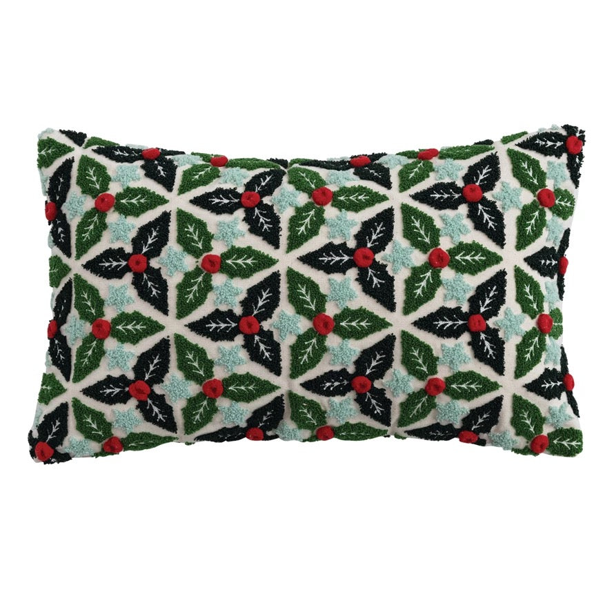 Tufted Holly Leaves Embroidered Pillow, 12" x 20"