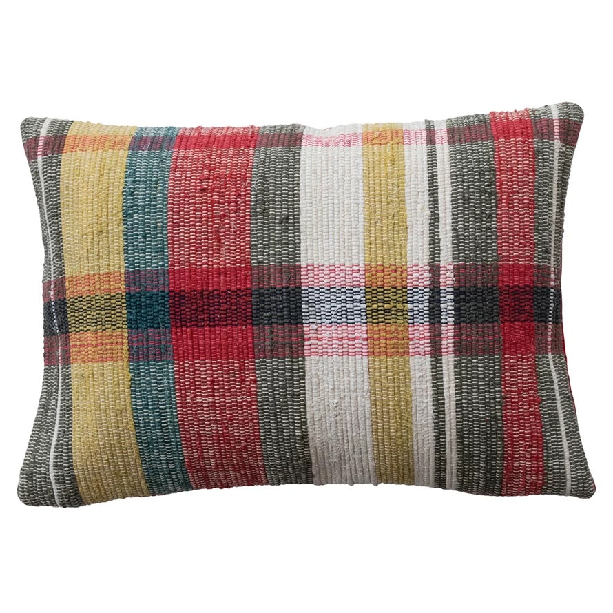 Plaid Hand-Woven Cotton Chindi Pillow With Red Velvet Back, 16" x 24"