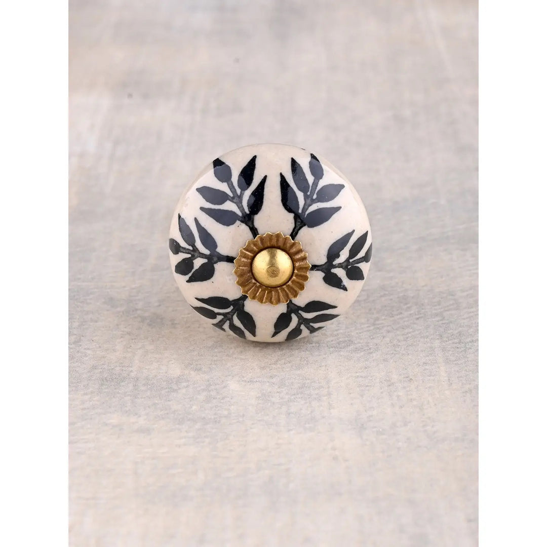 White With Black Petal Stem Design Ceramic Knob | Cabinet