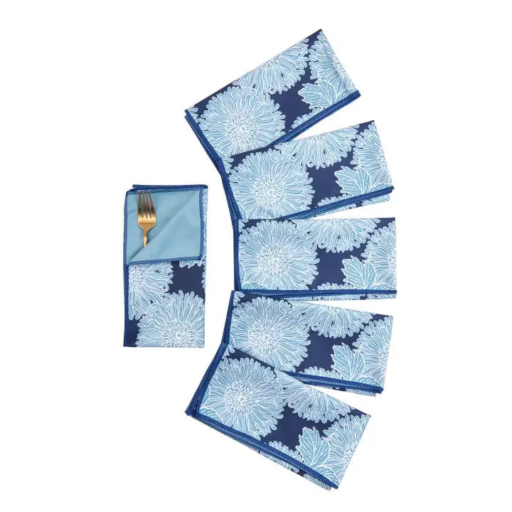 Chrysanthemum Flower Blu Dinner Napkins, Set Of 6