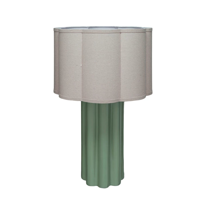 Green Stoneware Fluted Table Lamp w/ Linen Scalloped Shade