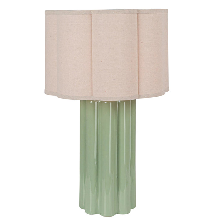 Green Stoneware Fluted Table Lamp w/ Linen Scalloped Shade