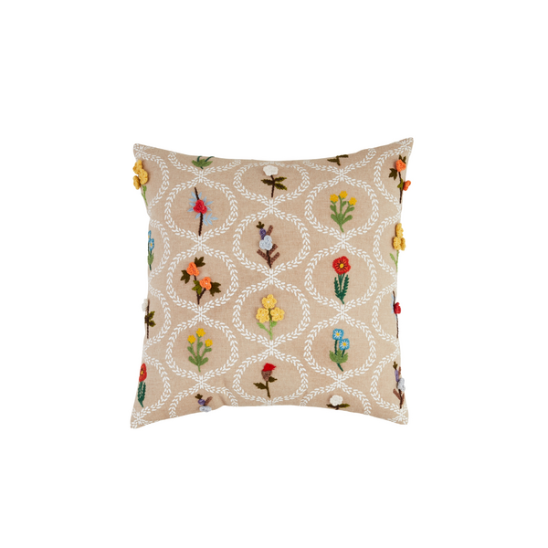 Cream Square Flower Vase Embroidered Pillow