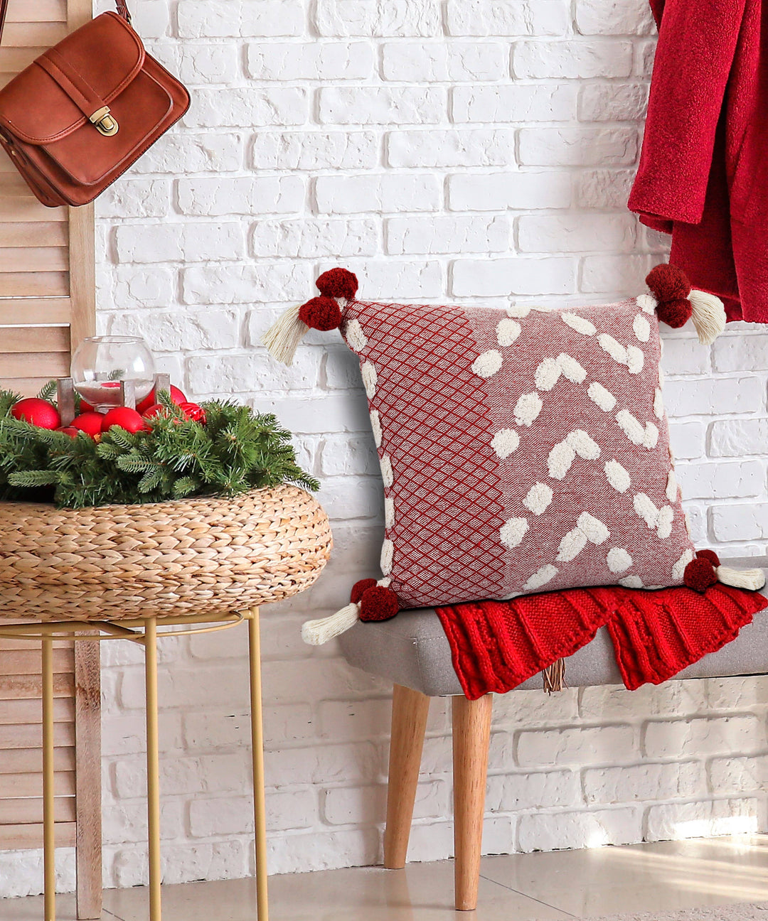 Red Pom-Pom Pillow, 20" x 20"