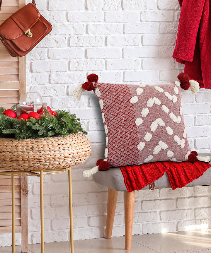 Red Pom-Pom Pillow, 20" x 20"