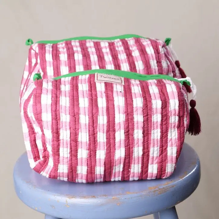 Red & Pink Gingham Quilted Wash Bag, Large