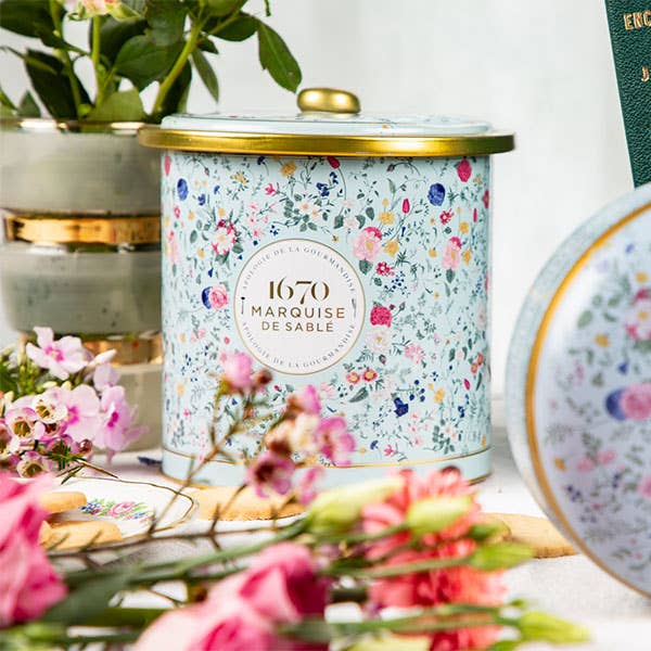 French Shortbread Cookies In Floral Bouquet Tin With Lid, Assortment Of 2