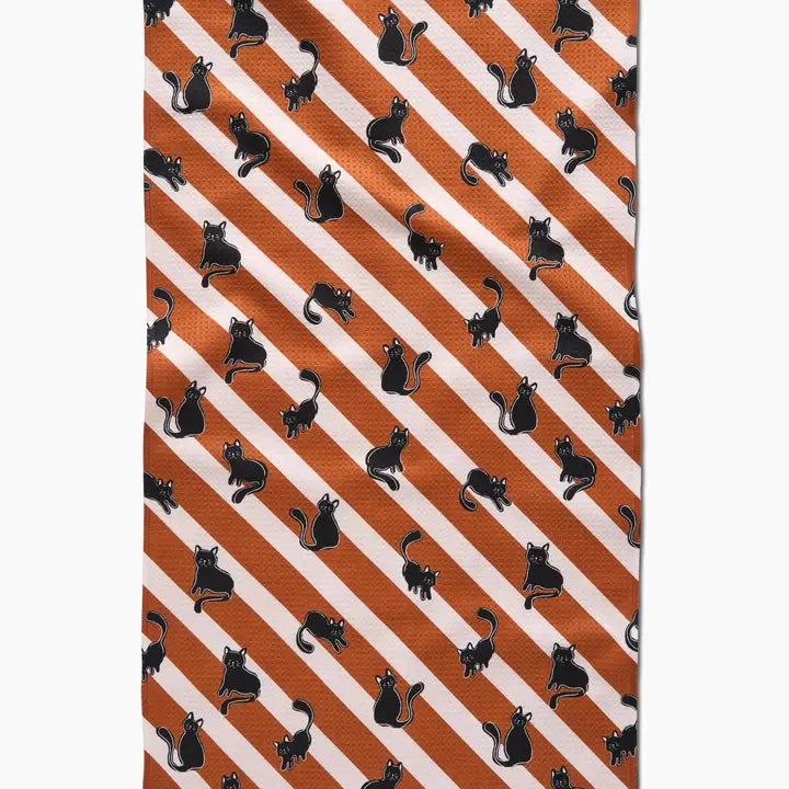 Striped Black Cats Orange Tea Towel
