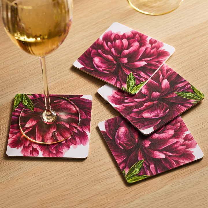 Pink Peony Birchwood Coasters, Set Of 4