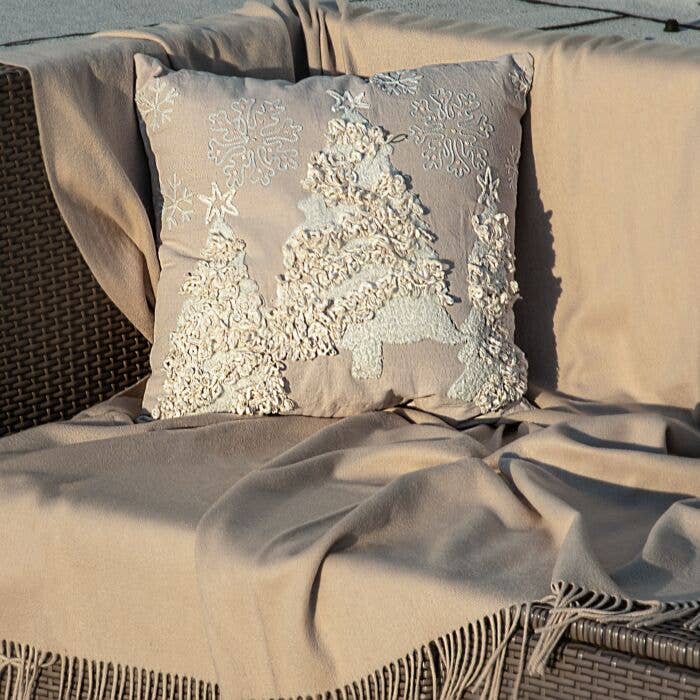 Beige Christmas Tree Cotton Embroidered Pillow, 18" x 18"