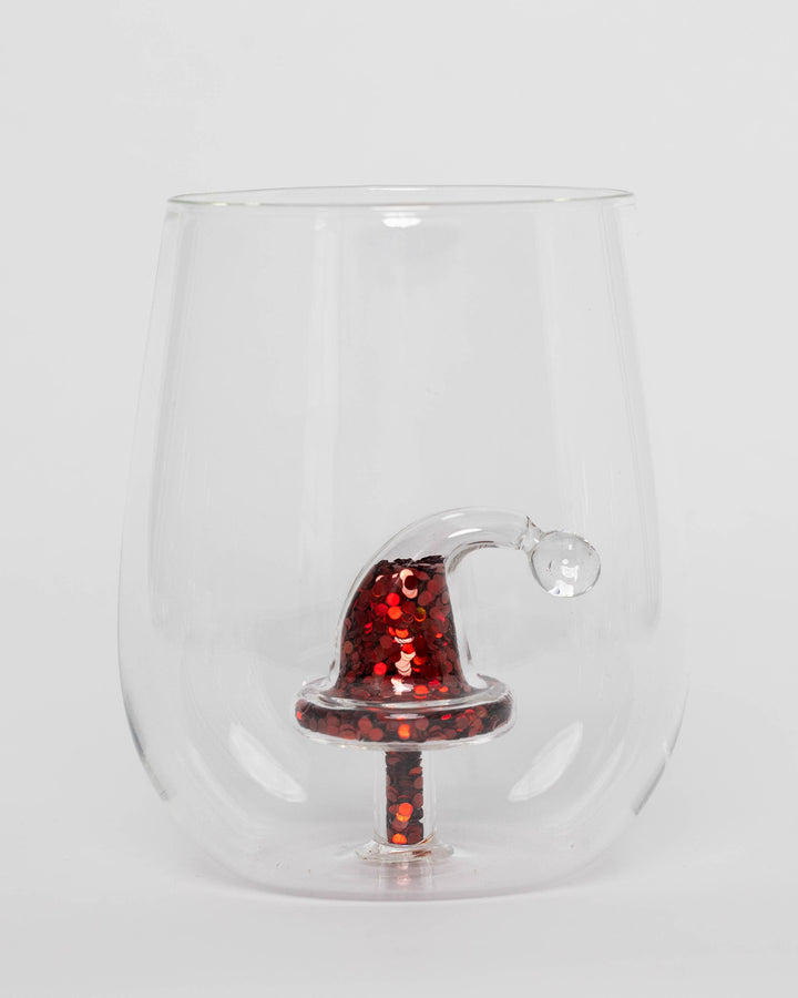 Glitter Christmas Santa Hat Stemless Wine Glass