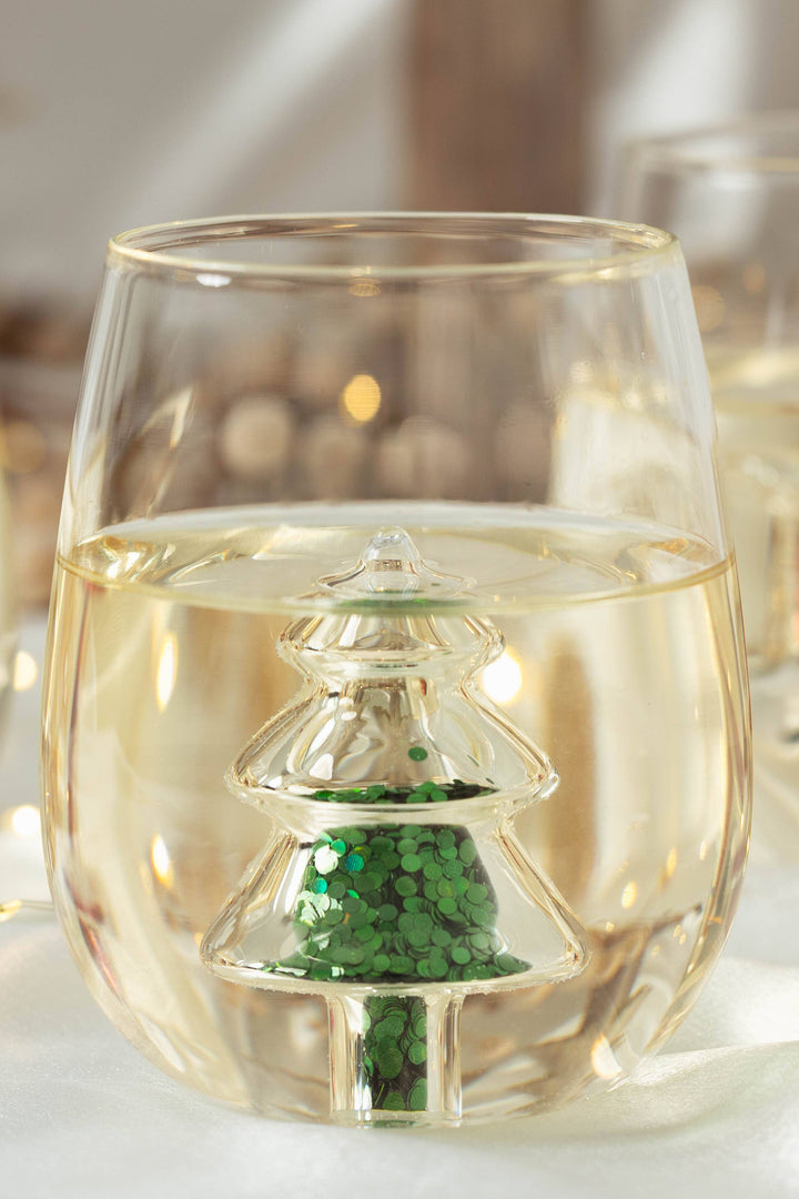 Glitter Christmas Tree Stemless Wine Glass