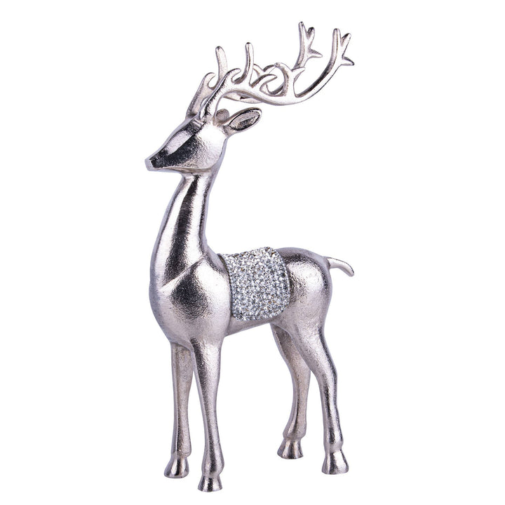 Large Silver Metal Reindeer Figurine with Crystals