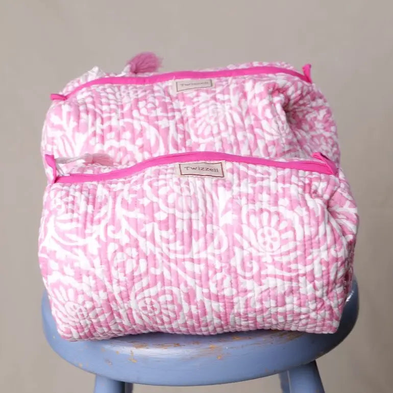Pink Abstract Floral Quilted Wash Bag, Medium