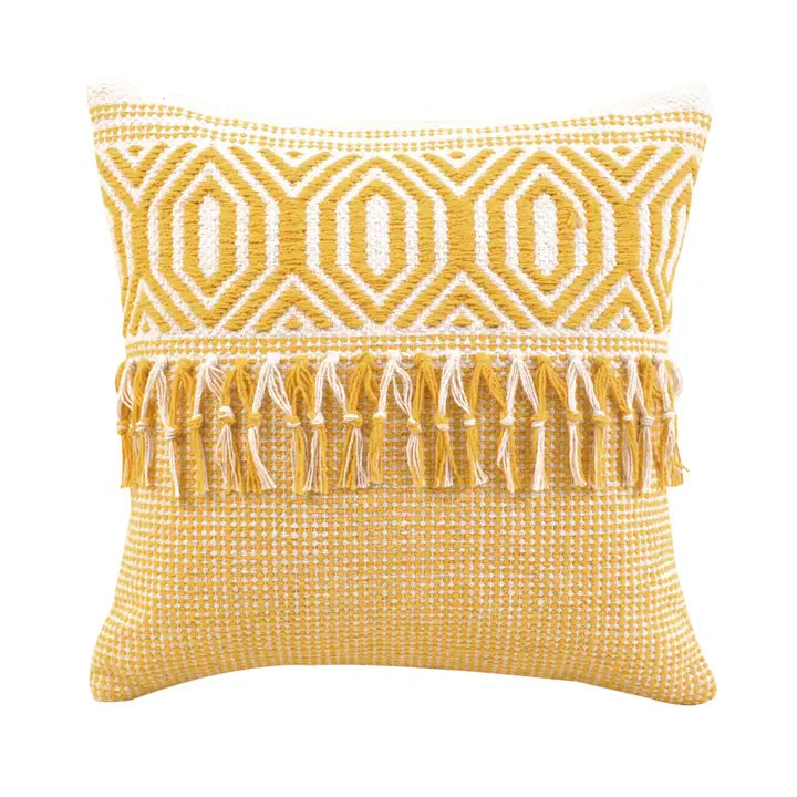 Yellow Geometric Pillow with Tassles 16x16