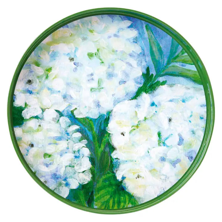 White Hydrangeas 15" Round Tray