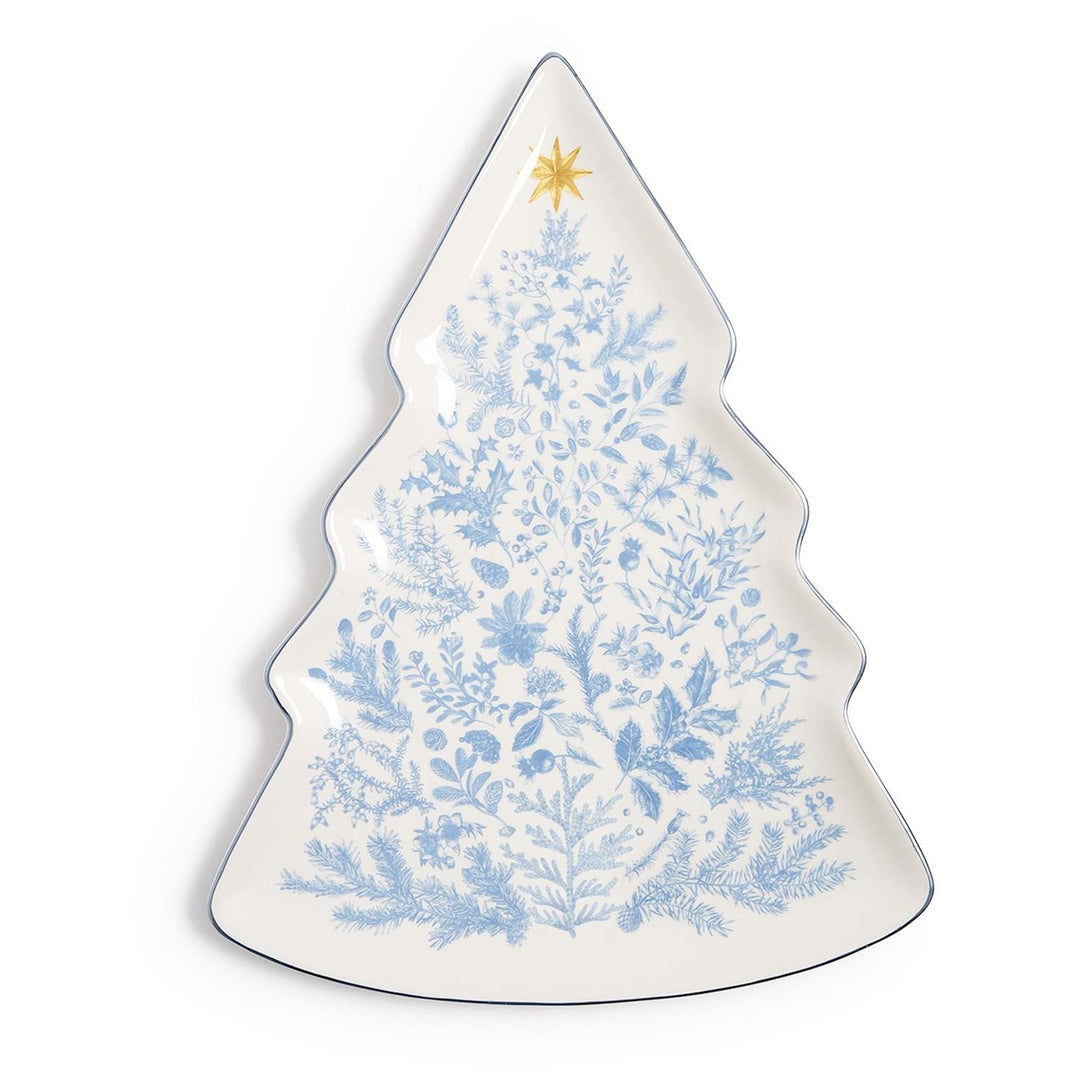 Gilded Cottage Christmas Tree Shape Plate With Blue Rim