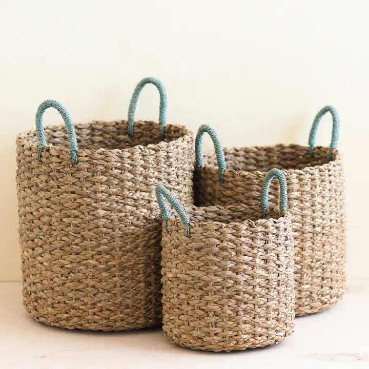 Seagrass Woven Baskets with Sky Blue Handle