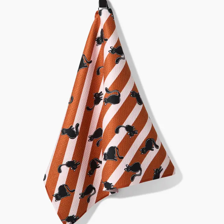 Striped Black Cats Orange Tea Towel