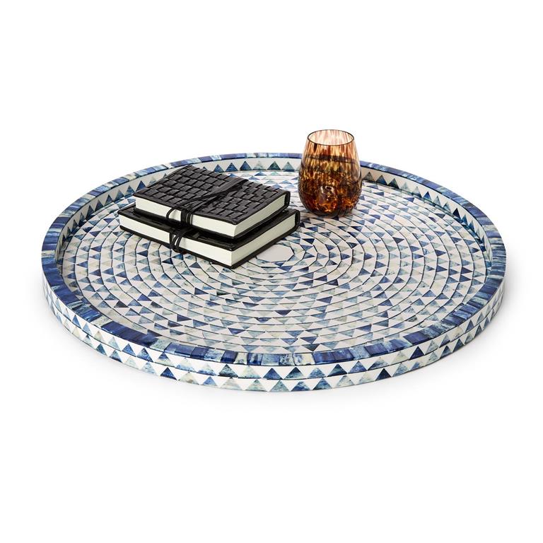 Blue & White Triangle Inlaid Decorative Round Serving Tray, 24"
