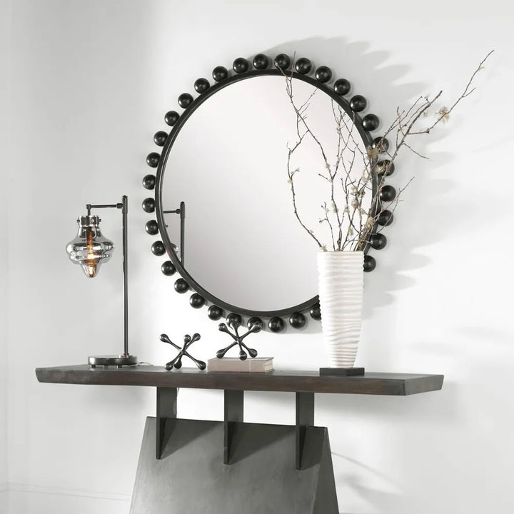 Cyra Wood Round Mirror, Black
