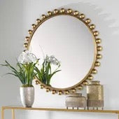 Cyra Wood Round Mirror, Gold