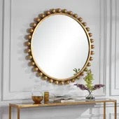 Cyra Wood Round Mirror, Gold