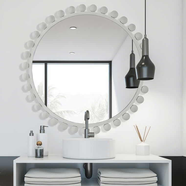 Cyra Wood Round Mirror, White