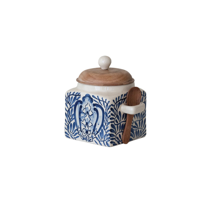 Patterned Stoneware Canister With Wood Lid & Spoon