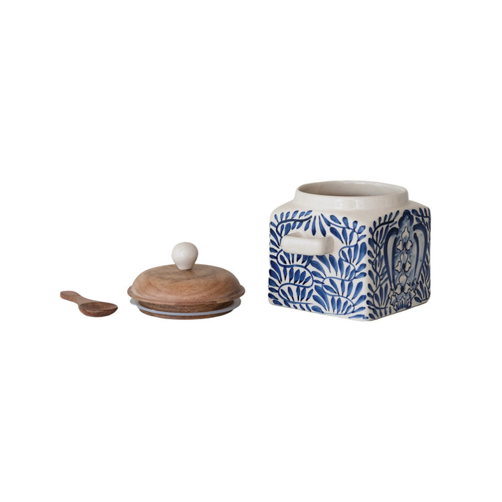Patterned Stoneware Canister With Wood Lid & Spoon