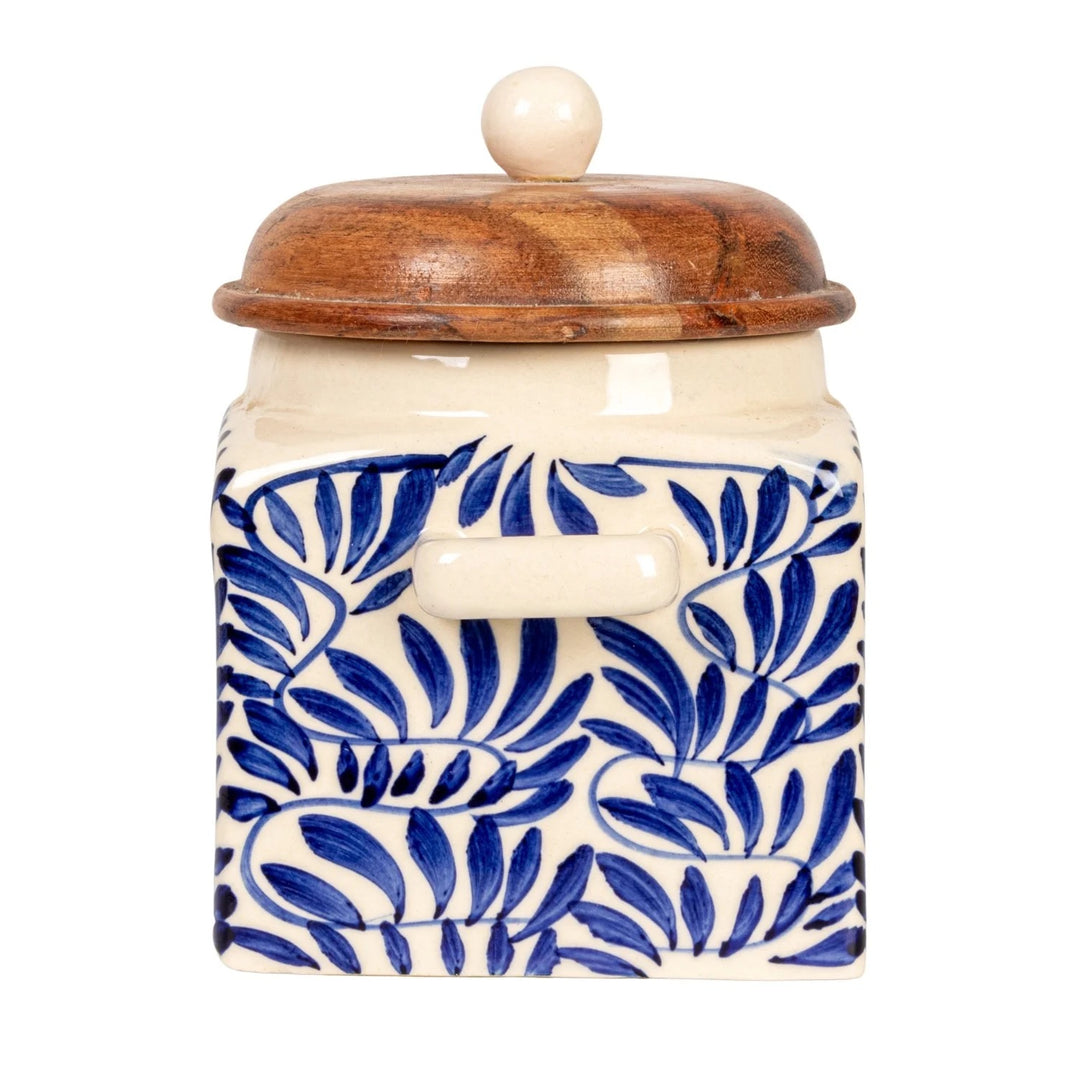 Patterned Stoneware Canister With Wood Lid & Spoon