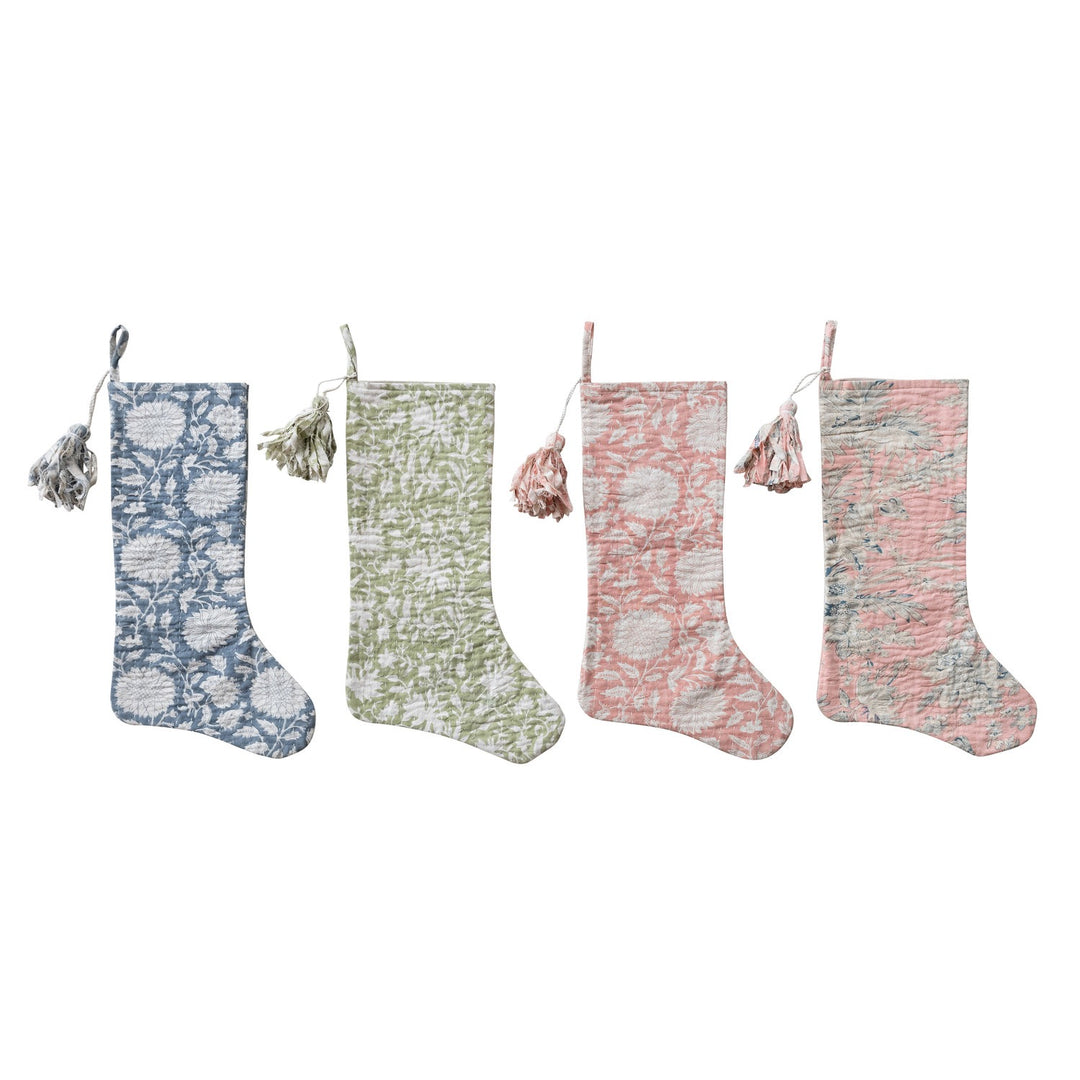 Hand-Embroidered Kantha Stitch Floral Toile Stocking