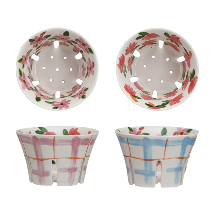Hand-Painted Stoneware Berry Bowl With Plaid & Floral Pattern