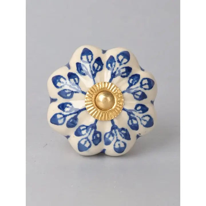 Handmade Decorative Floral Shape Blue Leafy Design Off White Ceramic Knob | Cabinets