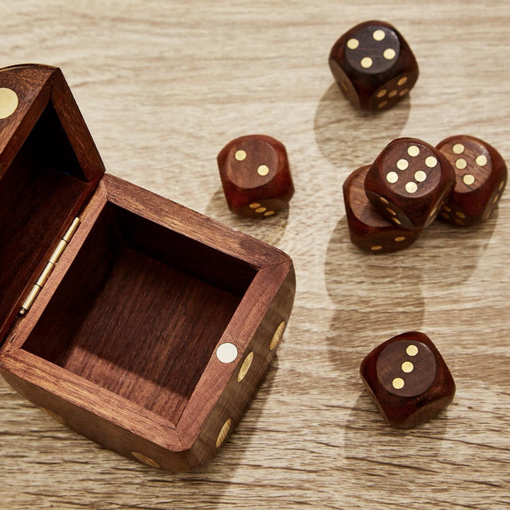 Wood Crafted Dice Box With 6 Dice